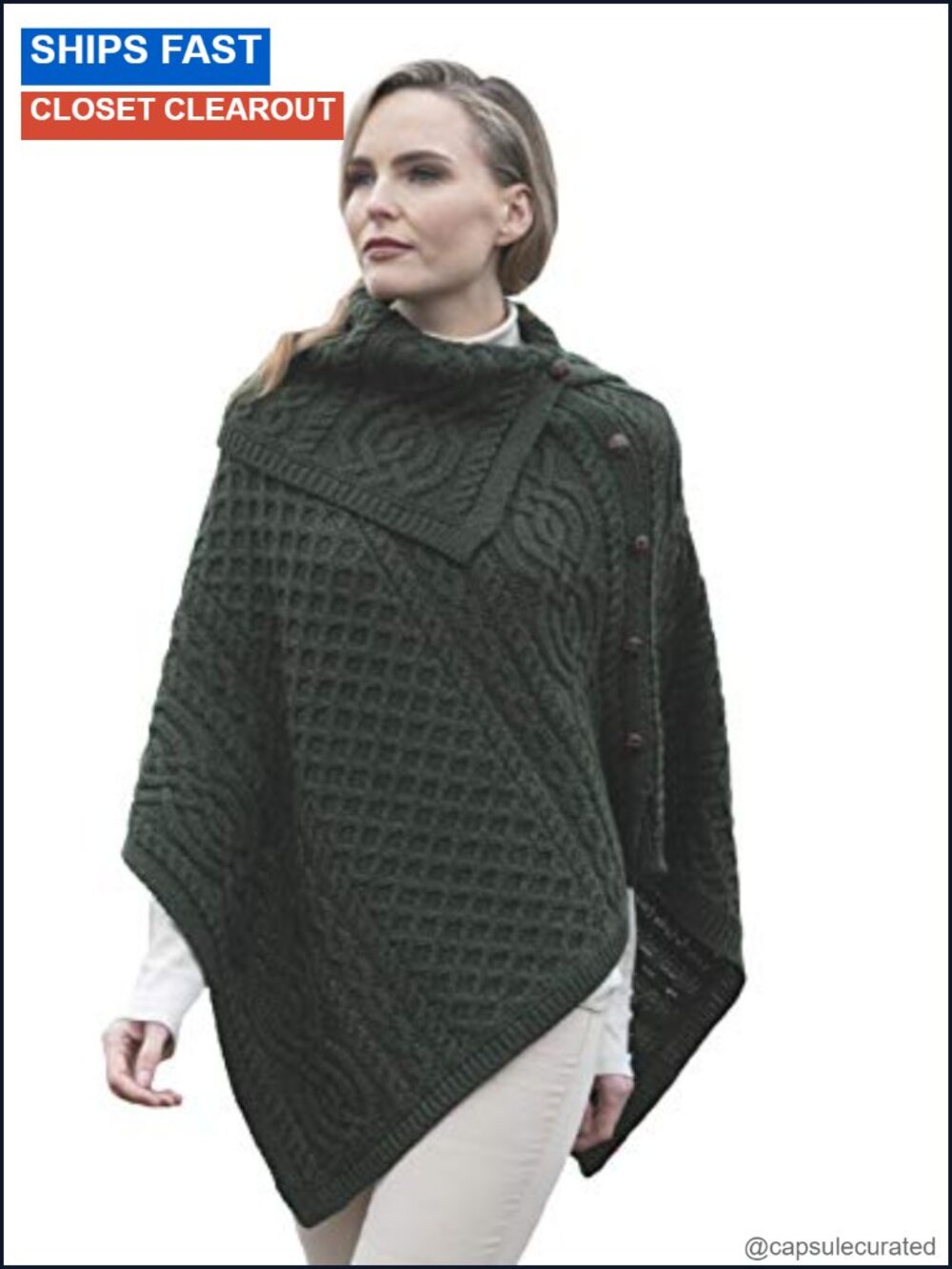 Cable Knit Buttoned Cowl Neck Poncho 100% Merino Wool